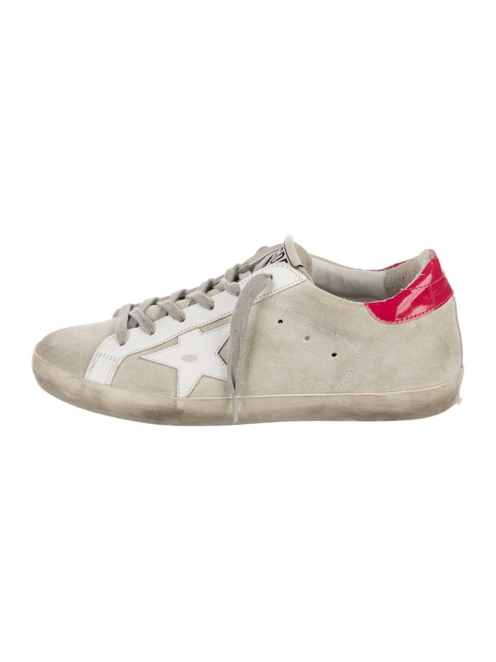 Golden Goose Suede Low-Top Sneaker in Light Gray with Pink Heel